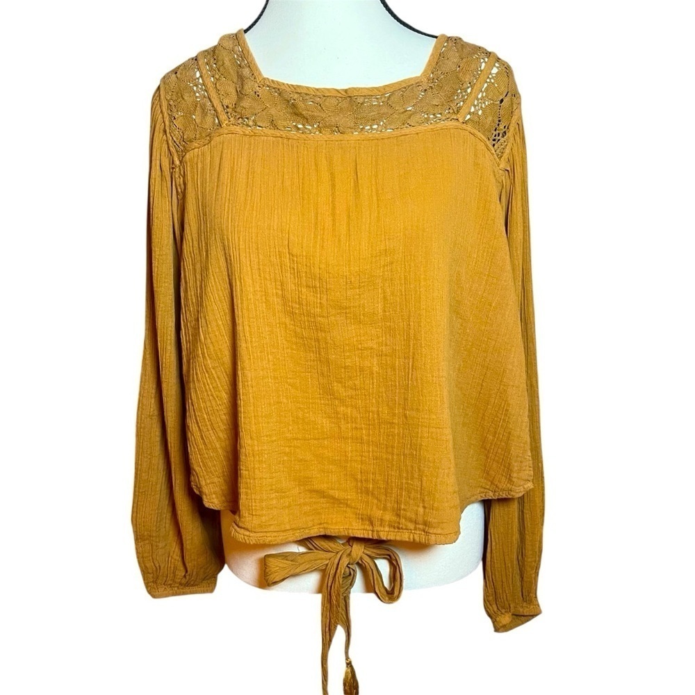 FREE PEOPLE Brown Tie Waist Lace Top Women’s Size XL Boho Crochet Cotton
